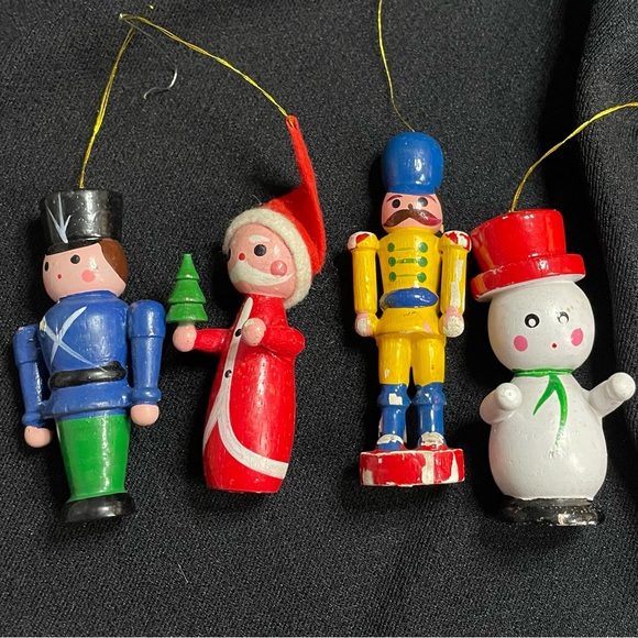 vintage Other - VTG Set of 4 Small Festive Wooden Toy Christmas Ornaments